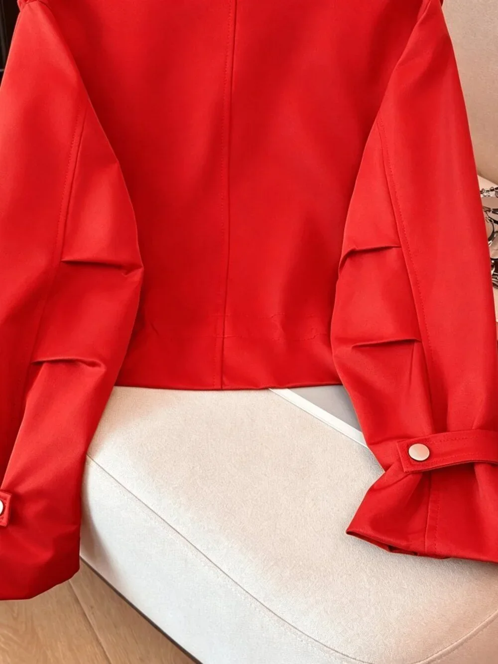 Red Casual Women's  Funnel Neck Multi-Pocket Waist Drawstring Utility Jacket